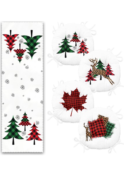 Yılbaşı Temalı Ekose Çam Ağaç Tasarımlı 4 Yuvarlak Pofidik Sandalye Minderi ve 1 Runner Seti fiyatları