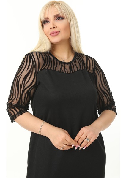 Kadın Büyük Beden Siyah Zebra Flok Baskılı Göğüs Robalı Abiye Elbise