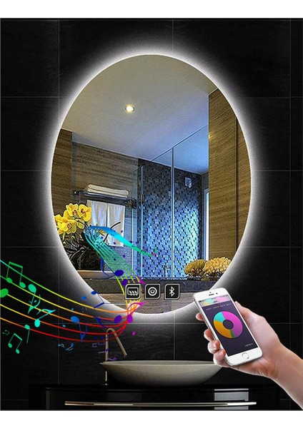 Global Led Mirror 55X75 cm Müzik Çalarlı Dokunmatik Tuşlu Buğu Çözücü Ledli Elips Banyo Aynası