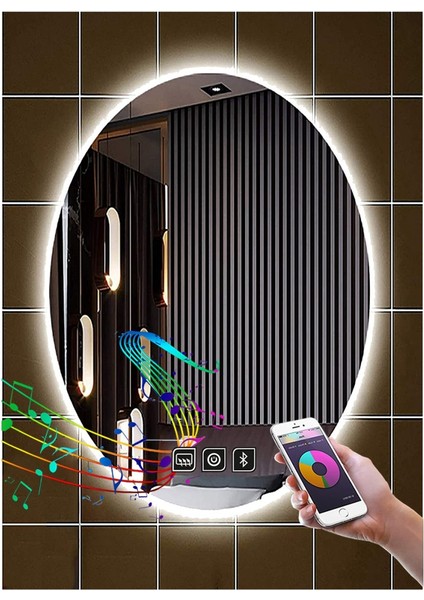 Global Led Mirror 55X75 cm Müzik Çalarlı Dokunmatik Tuşlu Buğu Çözücü Ledli Elips Banyo Aynası