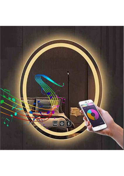 Global Led Mirror 55X75 cm Müzik Çalarlı Dokunmatik Tuşlu Buğu Çözücü Ledli Elips Banyo Aynası