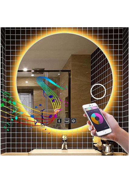 70 cm Bluetoothlu Makyaj Aynalı Buğu Yapmayan Ledli Yuvarlak Banyo Aynası