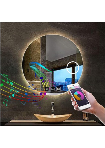 70 cm Bluetoothlu Makyaj Aynalı Buğu Yapmayan Ledli Yuvarlak Banyo Aynası indirimleri