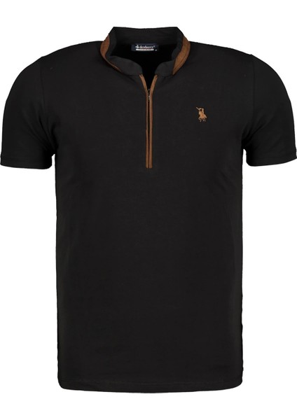 T8571 Dewberry Fermuarli Erkek T-Shirt-Koyu Siyah