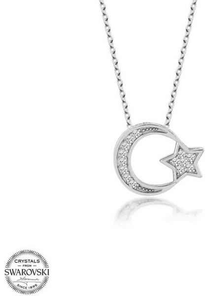Swarovski Taşlı Ay Yıldız 925 Ayar Gümüş Kolye