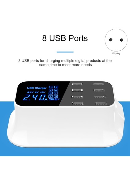 8 LED Ekranlı AB Fiş Uyumlu USB Şarj Cihazlı Çok Fonksiyonlu Şarj Cihazı - Beyaz (Yurt Dışından)