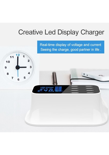 8 LED Ekranlı AB Fiş Uyumlu USB Şarj Cihazlı Çok Fonksiyonlu Şarj Cihazı - Beyaz (Yurt Dışından)