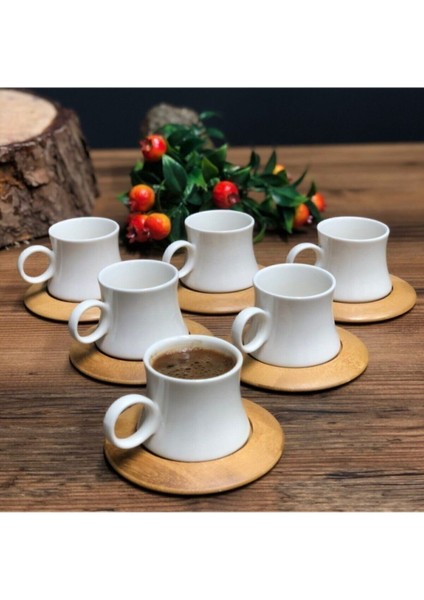 Altılı Bambu Tabaklı Porselen Kahve Fincan Takımı