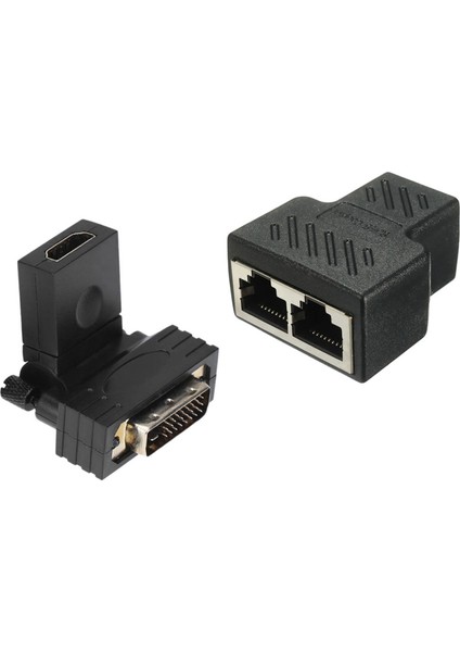 2 Bağlantı Noktalı RJ45 Splitter Adaptörü ve 360 Derece Dönen HDMI DVI Adaptörü - Siyah (Yurt Dışından)