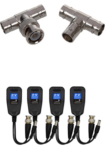 1x Bnc Erkek - 2 Dişi Fiş Rf Koaksiyel T Adaptör ve 2 Çift Video Balun, Hd-Cvı/tvı/ahd Utp Pasif Video Balun