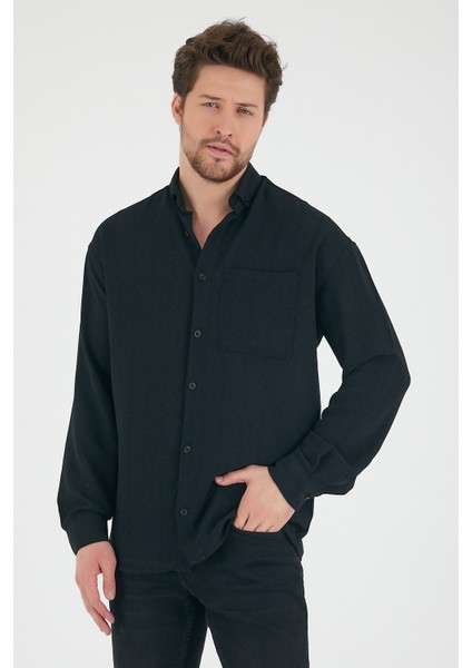Erkek Siyah Oversize Tek Cepli Dökümlü Kumaş Salaş Gömlek