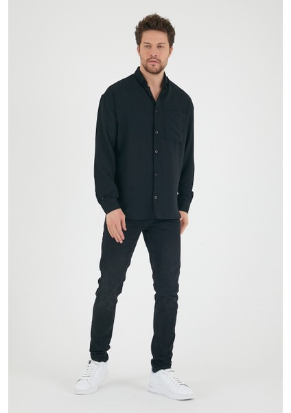 Erkek Siyah Oversize Tek Cepli Dökümlü Kumaş Salaş Gömlek fiyatları