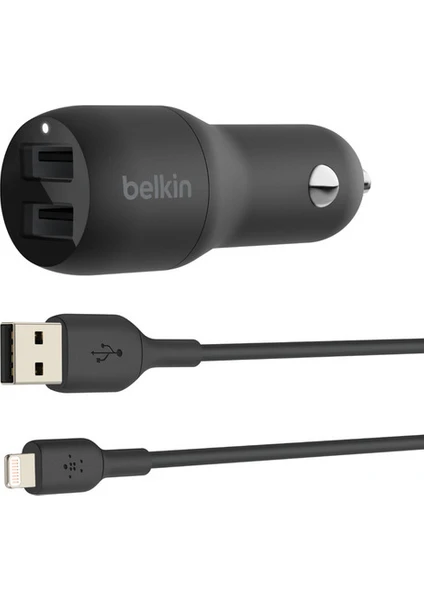 Belkin 24W  Hızlı Araç Şarj Cihazı 2 Port USB Siyah+Apple Lightning Kablo