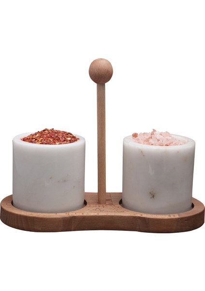 Verde Mermer Baharatlık 2li Baharat Takımı Ahşap Stantlı Mermer Baharat Seti