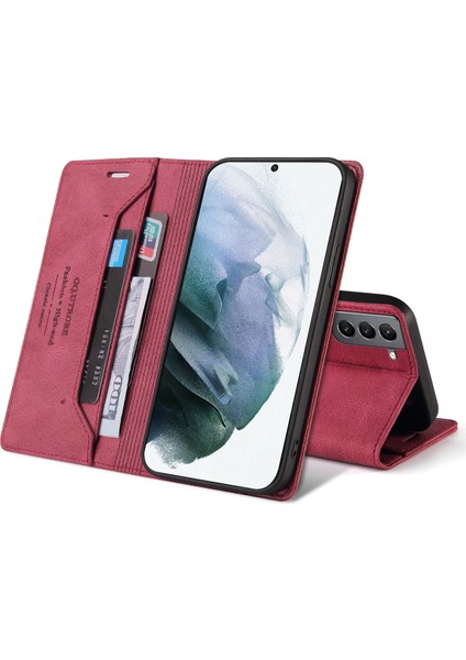 Samsung Galaxy S21 Fe 5g Için Premium Vintage Pu Deri Kılıf Mat Cüzdan Çevirme Standı Kapağı Kırmızı modelleri
