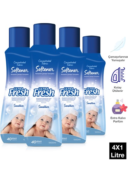 Ultra Fresh Softener Konsantre Çamaşır Yumuşatıcı Hassas 40 Yıkama 4 x 1 lt