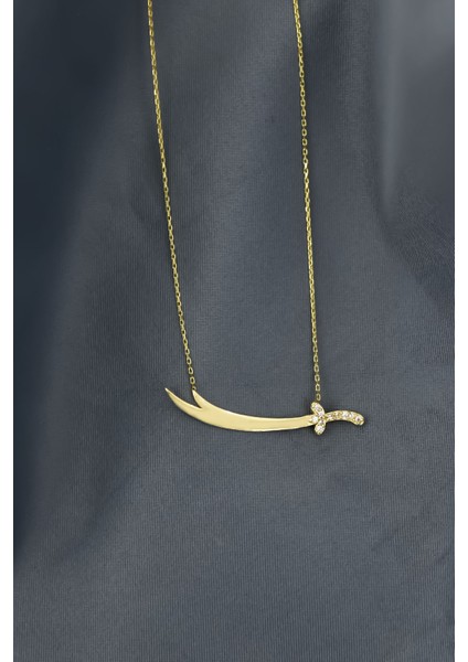 925 Ayar Gümüş Gold Kaplama Taşlı Zülfikar Kolye