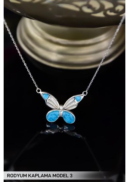 925 Ayar Gümüş Rodyum Kaplama Mavi Mineli Sedef Kelebek Kolye Model 3