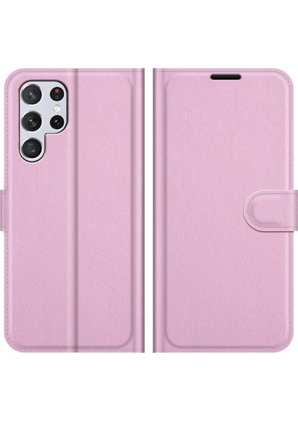 Galaxy S22 Ultra Için Kaymaz Litchi Doku Manyetik Pu Deri Standlı Telefon Kılıfı - Pembe (Yurt Dışından)