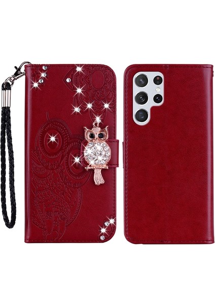 Galaxy S22 Ultra Için Baykuş Çiçek Baskılı Pu Deri Yapay Elmas Dekorlu Kayışlı Standlı Telefon Kılıfı - Kırmızı (Yurt Dışından)