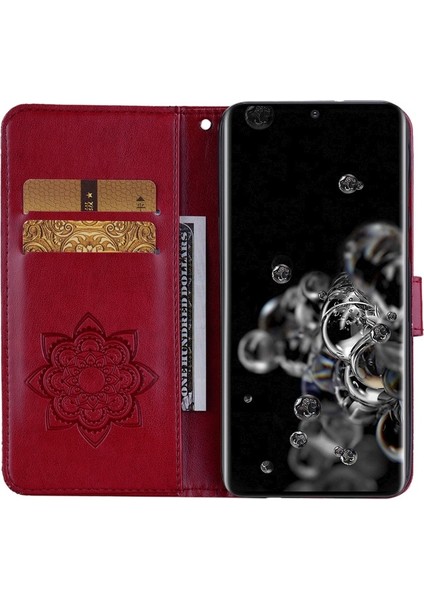 Galaxy S22 Ultra Için Baykuş Çiçek Baskılı Pu Deri Yapay Elmas Dekorlu Kayışlı Standlı Telefon Kılıfı - Kırmızı (Yurt Dışından) modelleri
