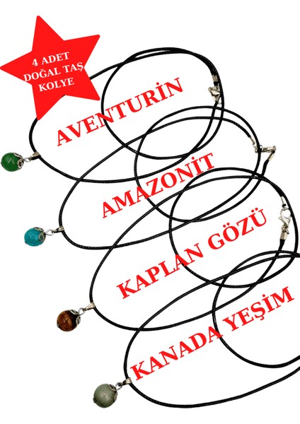 Doğal Taş Kolye Aventurin & Amazonit & Kaplan Gözü & Kanada Yeşim 4 Adet Kolye