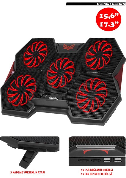 Gp4 E-Sport Desing 5 Fanlı Ledli Pro Standlı 15-17" Uyumlu Notebook Soğutucu