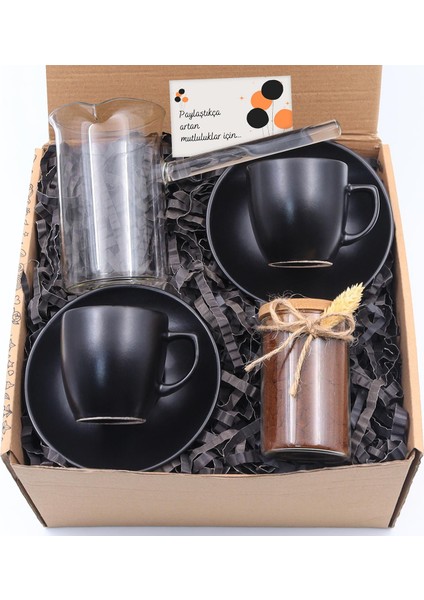 2'li Siyah Mat Fincan Takımı & Cam Cezve & Cam Kavanoz Türk Kahvesi Hediye Seti