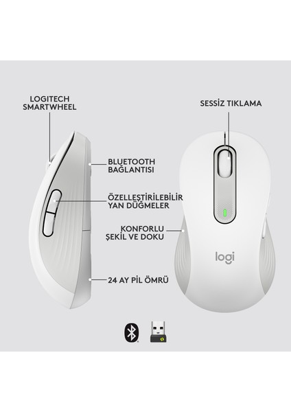 Signature M650 Büyük Boy Sol El Için Sessiz Kablosuz Mouse - Beyaz