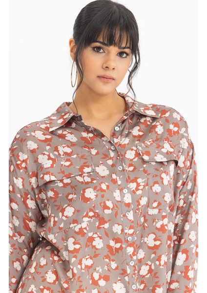 Kadın Büyük Beden Desenli Manşetli Gömlek 3051000 Vizon