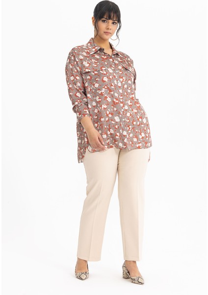 Kadın Büyük Beden Desenli Manşetli Gömlek 3051000 Vizon fiyatları