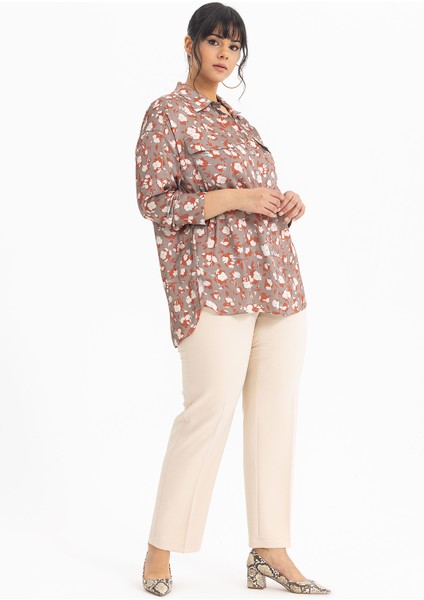 Kadın Büyük Beden Desenli Manşetli Gömlek 3051000 Vizon modelleri