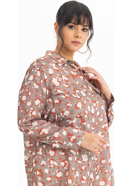 Kadın Büyük Beden Desenli Manşetli Gömlek 3051000 Vizon fırsatları