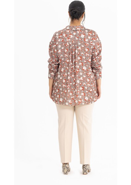 Kadın Büyük Beden Desenli Manşetli Gömlek 3051000 Vizon indirimleri