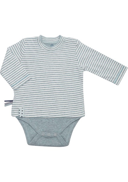 Organik Uzun Kollu Tshirt Bebek Body, Yeşil Melanj Çizgili