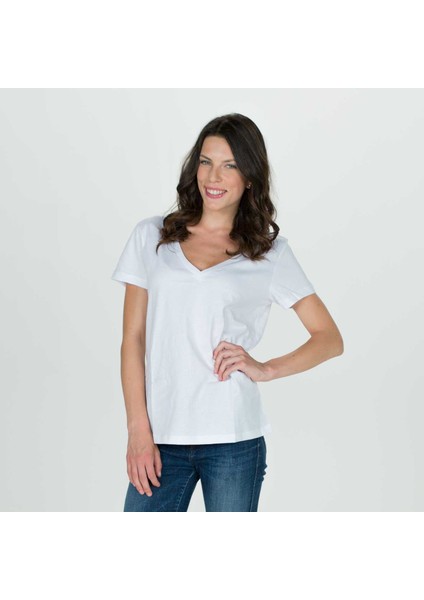 Kadın Derin V Yaka T-Shirt - Beyaz
