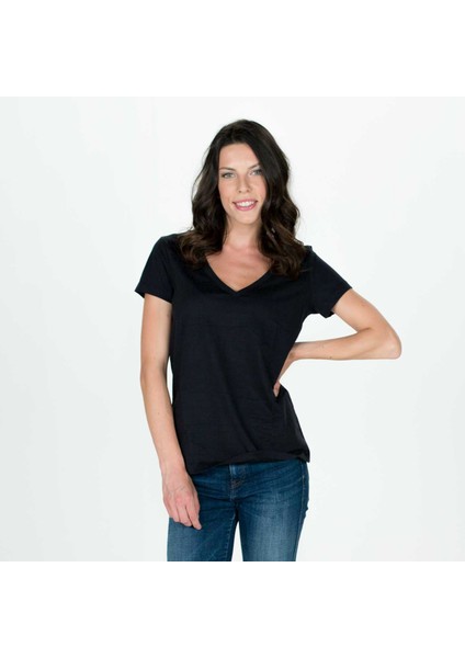 Kadın Derin V Yaka T-Shirt - Siyah