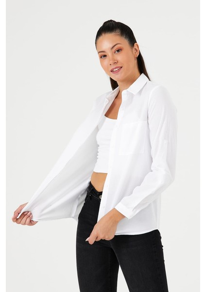 Kadın Uzun Kol Gömlek Düz Renk Günlük Kullanım İçin Cep Detaylı