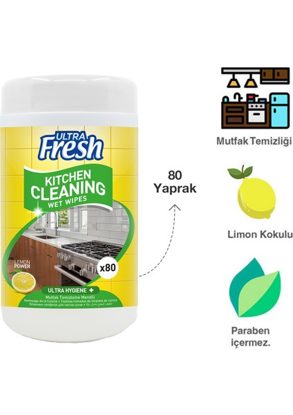 Ultra Fresh Mutfak Yüzeyi Temizleme Mendili Kutulu 80 Yaprak