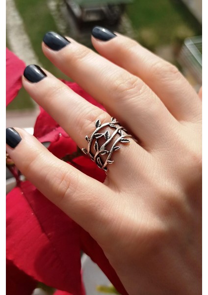 Antik Gümüş Kaplama Yaprak Şekilli El Yapımı Ayarlanabilir Yüzük