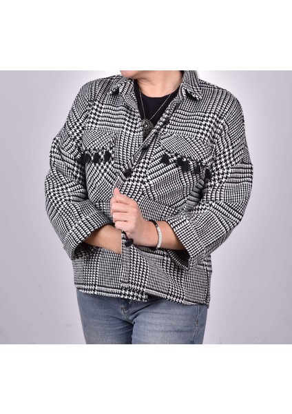 Siyah Beyaz Kazayağı Desen Oduncu Ceket Gömlek fırsatları