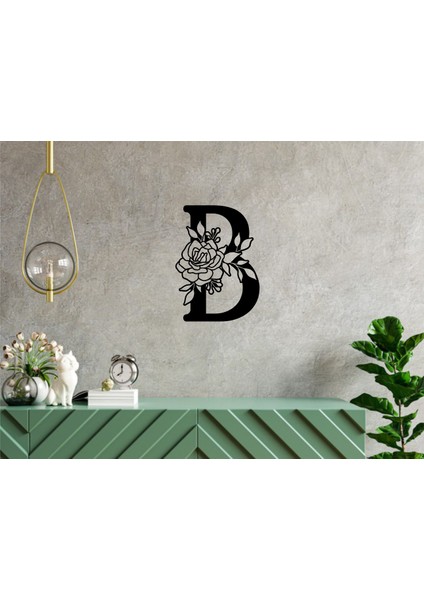 Siyah Ahşap Çiçek Işlemeli B Harfi Duvar Dekoru 30 cm Mdf Tablo