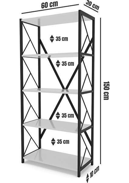 Sera Metal Kitaplık 5 Raflı Çok Amaçlı Dosya Kitap Rafı Ofis Salon Mutfak Raf 150 cm Beyaz