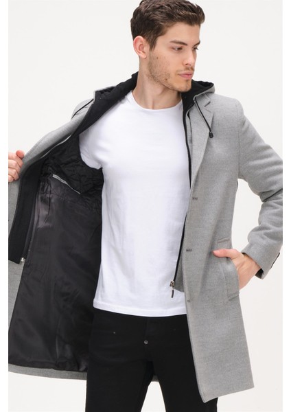 Gri Palto Kadınlar İçin Yün ve Polyester Karışımı Uzun Kol Midi