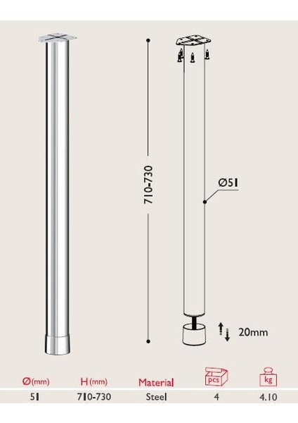 Masa Ayağı 11.850 - 51MM (4 Adet) Siyah