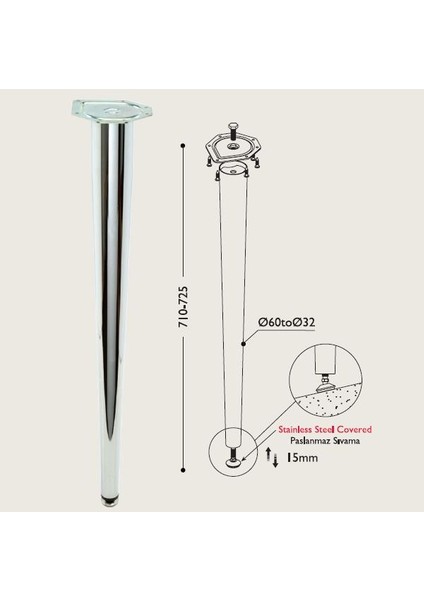 Masa Ayağı 11.160 - 60-32MM Konik (4 Adet) Metalik Gri fiyatları