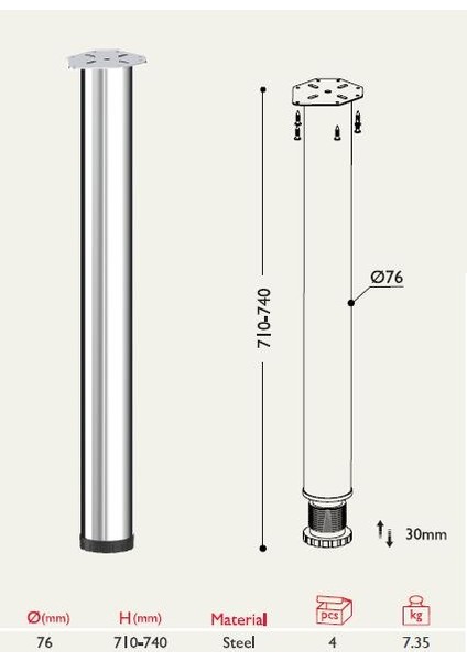 Masa Ayağı 11.190 - 76MM (4 Adet) Metalik Gri