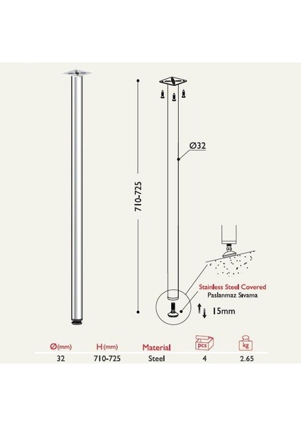 Masa Ayağı 11.170 - 32MM (4 Adet) Metalik Gri fiyatları