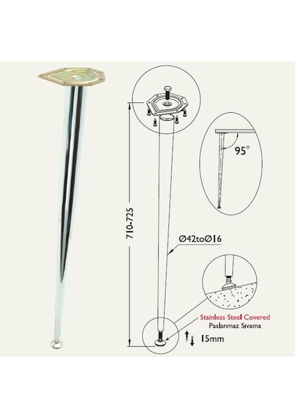 Masa Ayağı 11.460 - 42-16MM Konik Açılı (4 Adet) Metalik Gri fiyatları