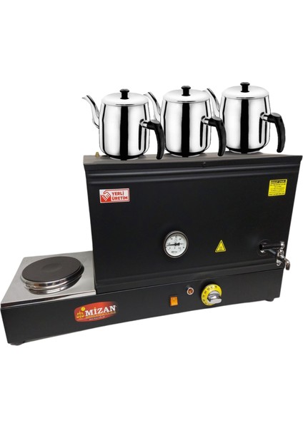 Üç Demlikli 40 Lt. Pleytli Çay Kazanı - Elektrikli Siyah Kahveci Ocağı + Demlik